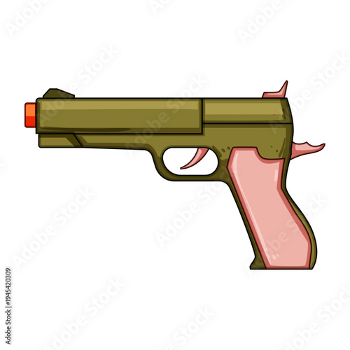 Toy cap gun with orange safety tip on pure white background, evoking childhood play, imagination and pretend games, isolated plastic toy symbolizing fun and safety practices