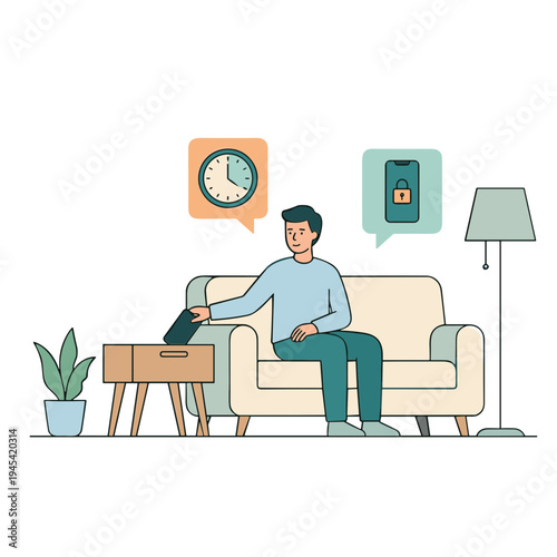 Man sitting on sofa watching TV with clock and phone nearby indoors