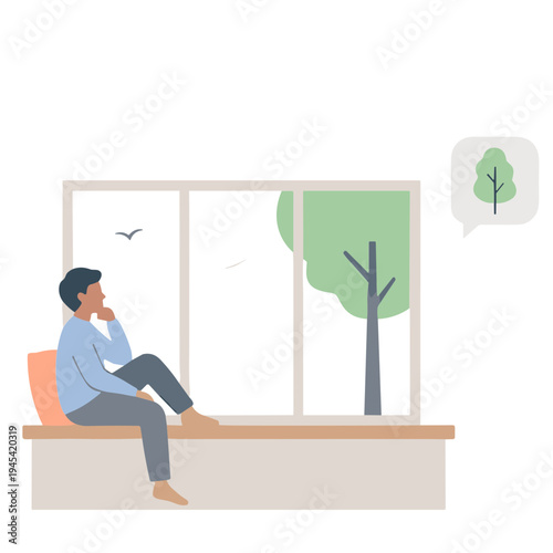 Man sitting by window looking out at tree and birds