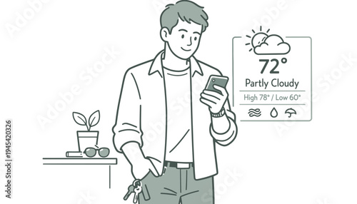 A man in green jacket checking phone with weather forecast display