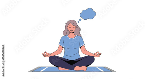 Peaceful woman sitting in a lotus pose on a yoga mat is meditating and focusing her mind while a blue thought bubble floats above.