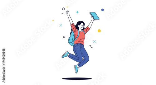 Excited and happy young female student is jumping for joy while holding a book and wearing her backpack against a white background.
