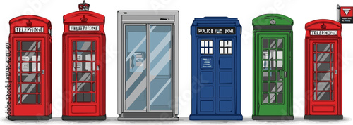 Create a realistic kinds of deferent English telephone booth vector art with white background..