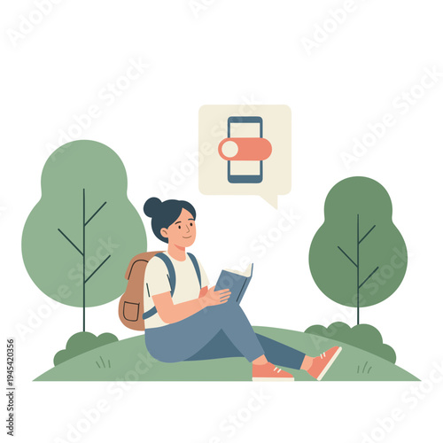 A woman sits on grassy hill reading book under trees outdoors
