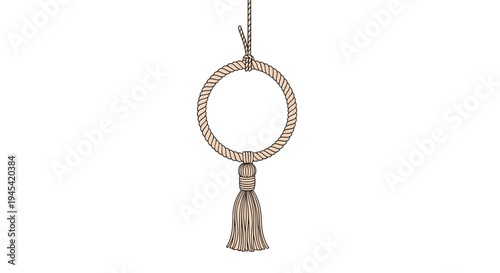 Decorative circular frame made of thick twisted rope featuring an elegant tassel hanging from the bottom, isolated on white.