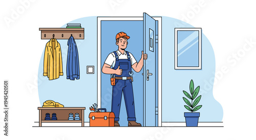 Friendly repairman in a blue uniform and hard hat gives a thumbs up while standing in the doorway of a modern apartment.
