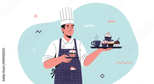 Professional pastry chef in a white uniform and hat is proudly presenting a tray of delicious decorated cupcakes and hot coffee.