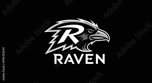 Dynamic stylized raven bird head logo icon with an integrated letter R and 'RAVEN' text, monochrome vector graphic on black.