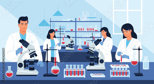 Team of dedicated professional scientists in white lab coats are conducting experiments and research in a modern chemistry laboratory.