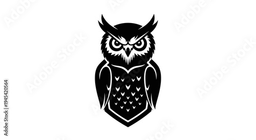 Bold black and white owl illustration with an intense, stern gaze, a stylized vector design for a mascot, logo, or emblem concept.