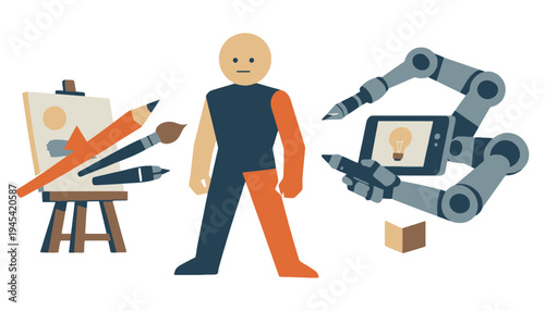 A creative robot arm and a man with art supplies and a lightbulb idea