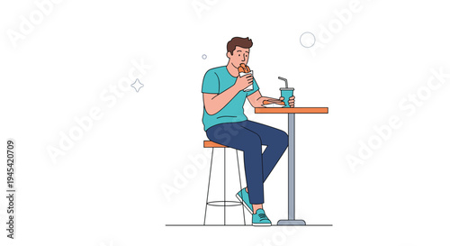 Casual man sitting at a bar table is eating a large hot dog and drinking a soda while taking a break in a cafe.