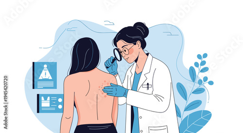 Professional female dermatologist using a magnifying glass to carefully examine a skin condition on a patient's back in a clinic.