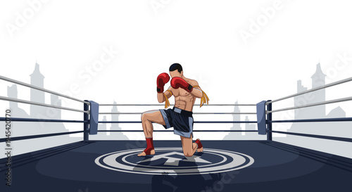 Powerful Muay Thai fighter wearing red gloves is kneeling in a traditional pose in the middle of a boxing ring for a match.
