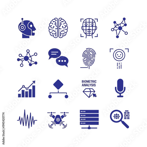 Ai and technology icons: brain, robot, drone, biometrics, and data analysis on blue background