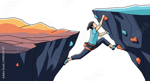 Determined woman is demonstrating her strength and skill by climbing across a narrow gap between two steep mountain cliffs.