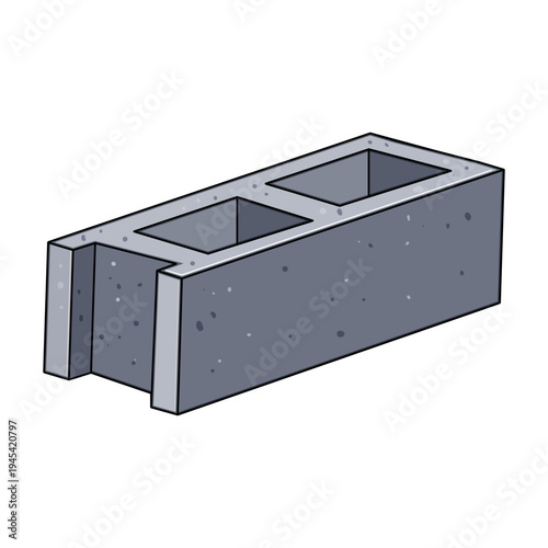 Concrete cinder block with hollow core on white background, detailed side view showing texture and form for construction, masonry, foundation, architecture and engineering use