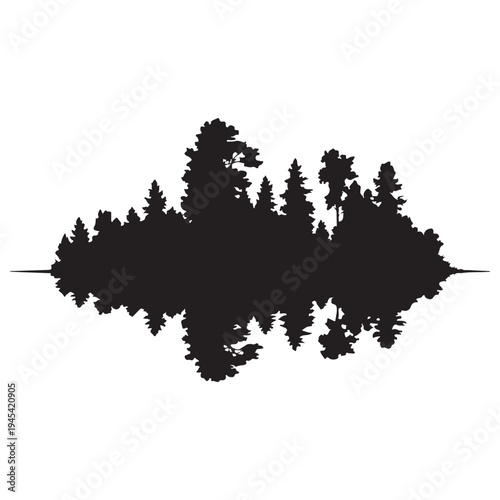 A symmetrical reflection of dense coniferous trees and their mirrored image silhouette high-quality professional detailed