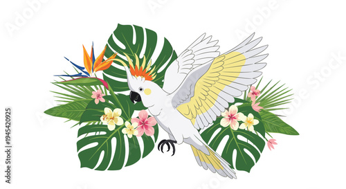 Beautiful white cockatoo with a yellow crest is gracefully flying through lush tropical leaves and colorful exotic flowers.