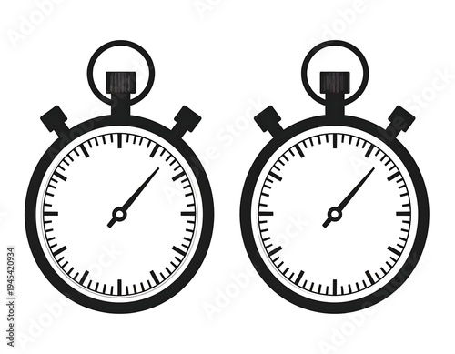 A black and white illustration of two stopwatches side-by-side on a white background. Each has a round face with a dial and hands