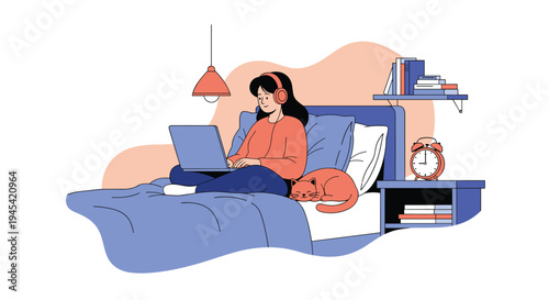 Girl sits comfortably on her bed with a laptop and headphones while her orange cat sleeps peacefully beside her in a room.