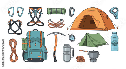 Extensive collection of professional outdoor camping and mountain climbing equipment including a tent, backpack, and climbing gear.