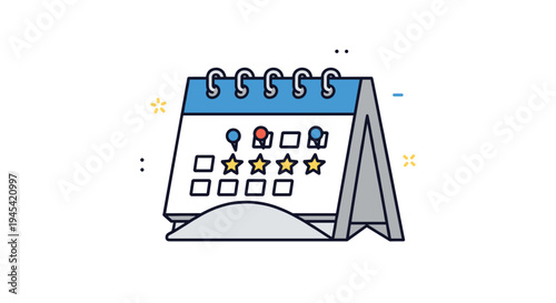 Desktop calendar illustration featuring star ratings and colorful push pins to represent scheduling, planning, and event reviews.