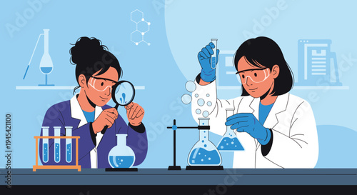 Two female scientists in white lab coats and safety goggles conduct a chemistry experiment using flasks and a magnifying glass.
