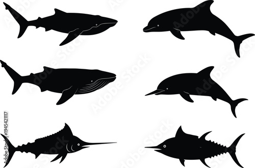 Silhouettes of diverse sea animals, including whales, dolphins, and swordfish, in a black-and-white vector illustration for marine wildlife design