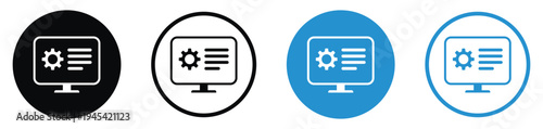 Laptop vector icons featuring a gear and data lines. Perfect for system settings, technical management, software configuration, and IT maintenance concepts in blue and black styles.