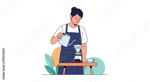 Professional barista carefully pours hot water from a kettle into a coffee dripper to brew fresh filter coffee in a cafe.