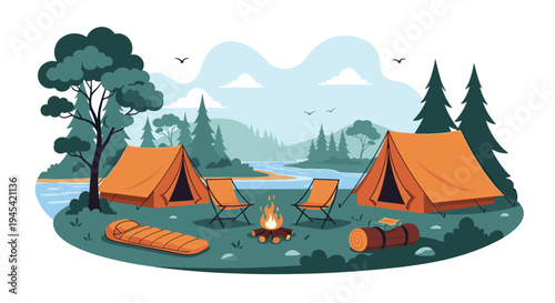 Peaceful campsite in the wilderness features orange tents, a glowing campfire, and a sleeping bag next to a calm river at dusk.