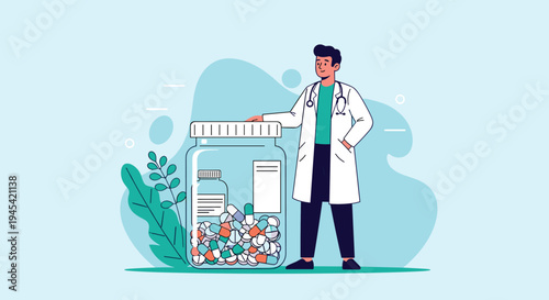 Friendly male doctor in a white coat stands next to a giant glass jar filled with many colorful medicine pills and capsules.