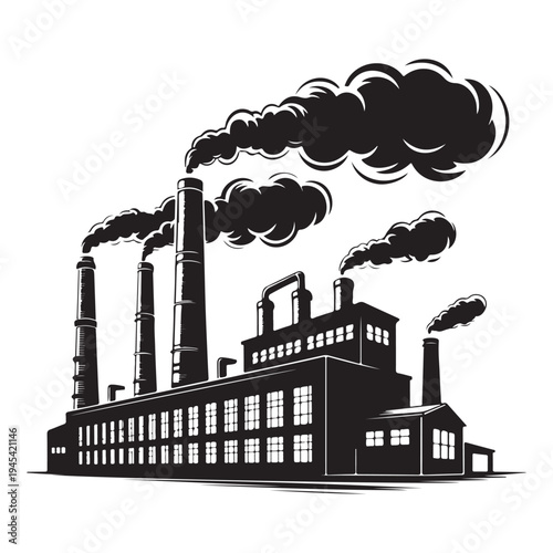 Industrial factory complex with multiple smokestacks emitting pollution a striking silhouette high-quality professional detailed modern