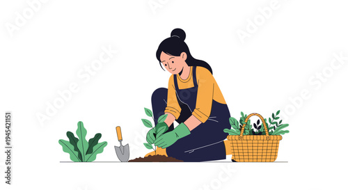 Young woman wearing a bun and apron kneels on the ground while planting a small green seedling in a garden during springtime.