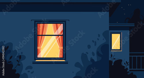 Exterior view of a suburban house facade at night with warm yellow light shining through the windows and dark bushes around.