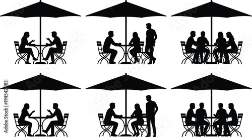 Set of Outdoor Café and Restaurant Seating Icons, featuring People Socializing, Dining, and Relaxing Under Umbrellas for Dining, Leisure, and Social Illustrations
