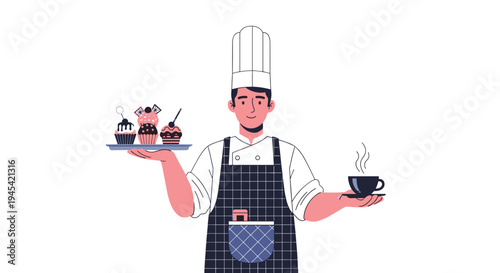 Professional pastry chef wearing a tall white hat and apron holds a tray of delicious cupcakes and a steaming cup of coffee.