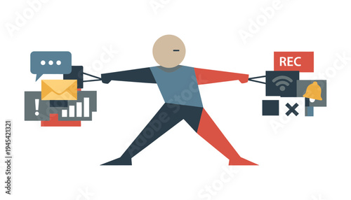 A businessman struggles with work-life balance in a modern digital illustration