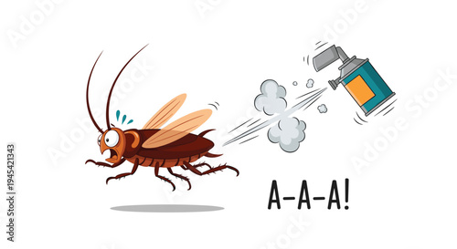 Humorous cartoon cockroach with an expressive face runs away in fear from a blue and orange can of insecticide spray.