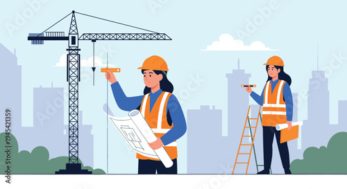 Two female engineers in safety helmets and vests work on a construction site with a large crane and city skyline in the background.