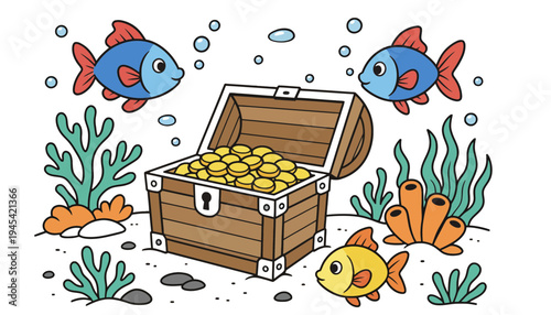 A treasure chest filled with gold coins underwater with colorful fish