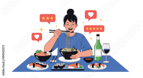 Young woman enjoys a large bowl of ramen and various sushi dishes at a restaurant while social media like and star icons float.