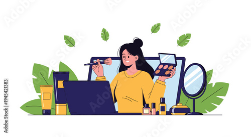 Influencer girl records a makeup tutorial video using her laptop while surrounded by various cosmetic products and a ring mirror.