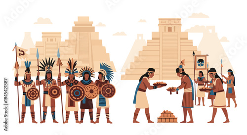 Ancient Mayan or Aztec people in traditional feathered headdresses and attire offer gifts in front of impressive stone pyramids.