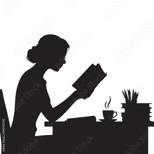 A woman engrossed in a book with a steaming cup a tranquil scene silhouette high-quality