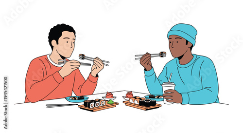 Two friends enjoy eating fresh sushi rolls and nigiri with chopsticks while having a conversation at a restaurant dining table.
