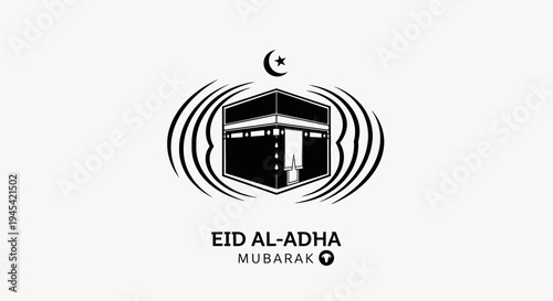 Eid al-Adha Mubarak greeting graphic with stylized Kaaba symbol and crescent moon. Islamic holiday celebration design element.