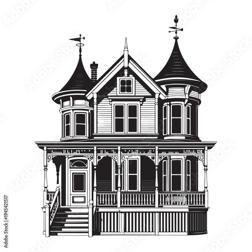 Detailed victorian house illustration in black and white showcasing architectural features silhouette high-quality professional detailed