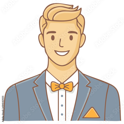 Smiling Blond Man in Suit and Bowtie Cartoon Character Portrait Avatar